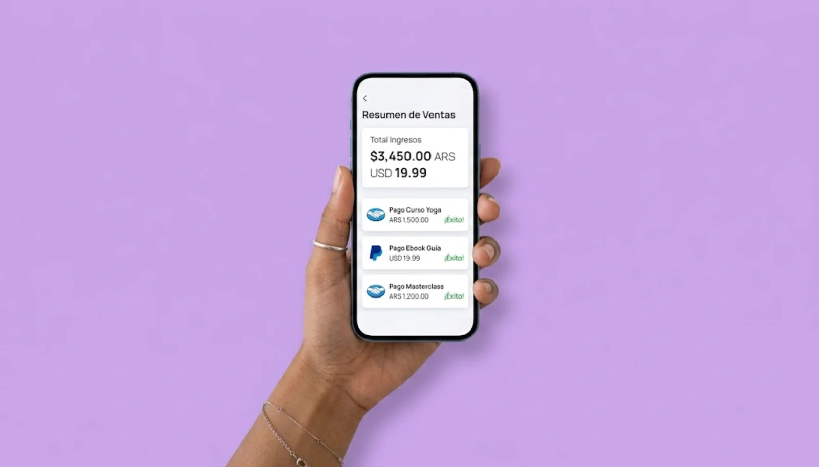 Teléfono con un ejemplo de pagos recibidos con Mercado Pago y PayPal