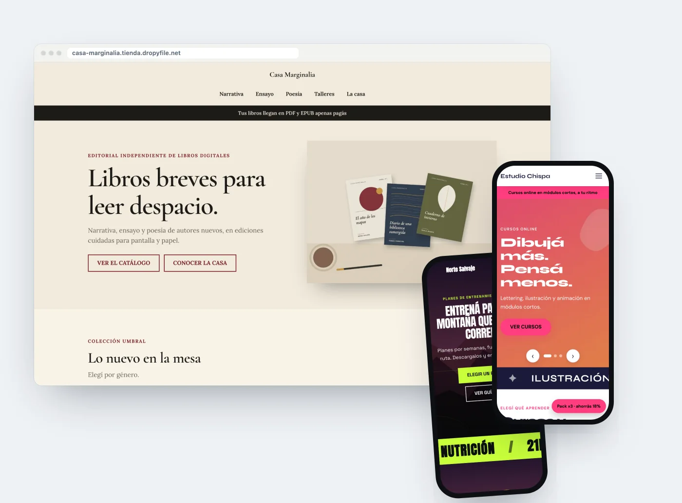 Un diseño de tienda de ejemplo en una computadora y dos en celulares